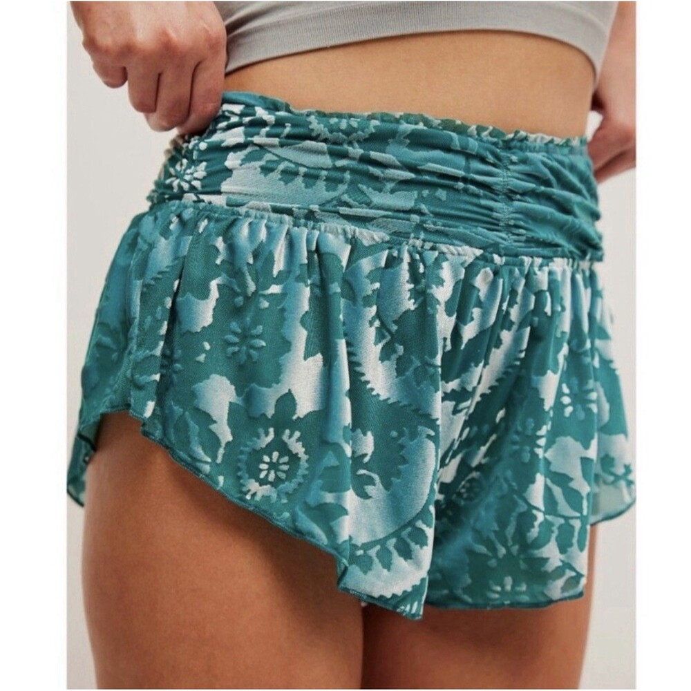 Free People NEW Snow Angel Micro Shorts MEDIUM Green Velvet Burnout Ruffles